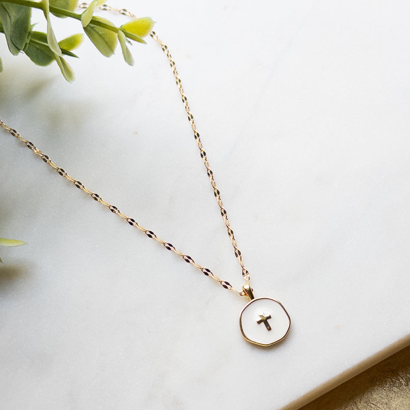 18k Gold Plated White Disc Cross Necklace