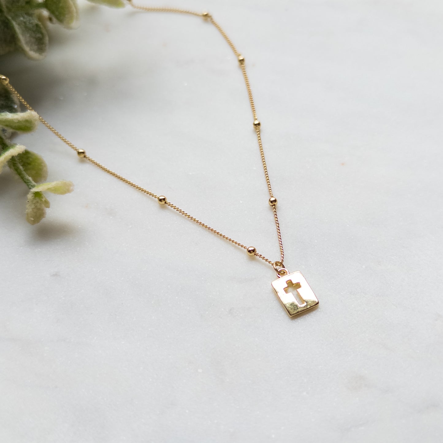 18k Gold Plated Bead Chain w/Open Square Cross Charm Necklace