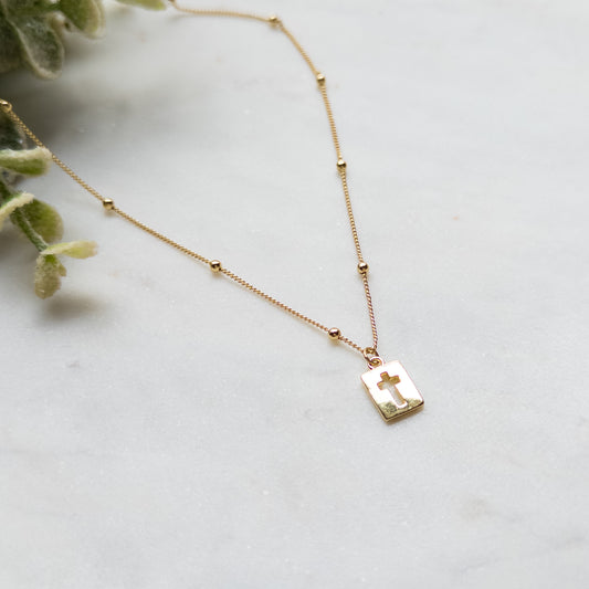 18k Gold Plated Bead Chain w/Open Square Cross Charm Necklace