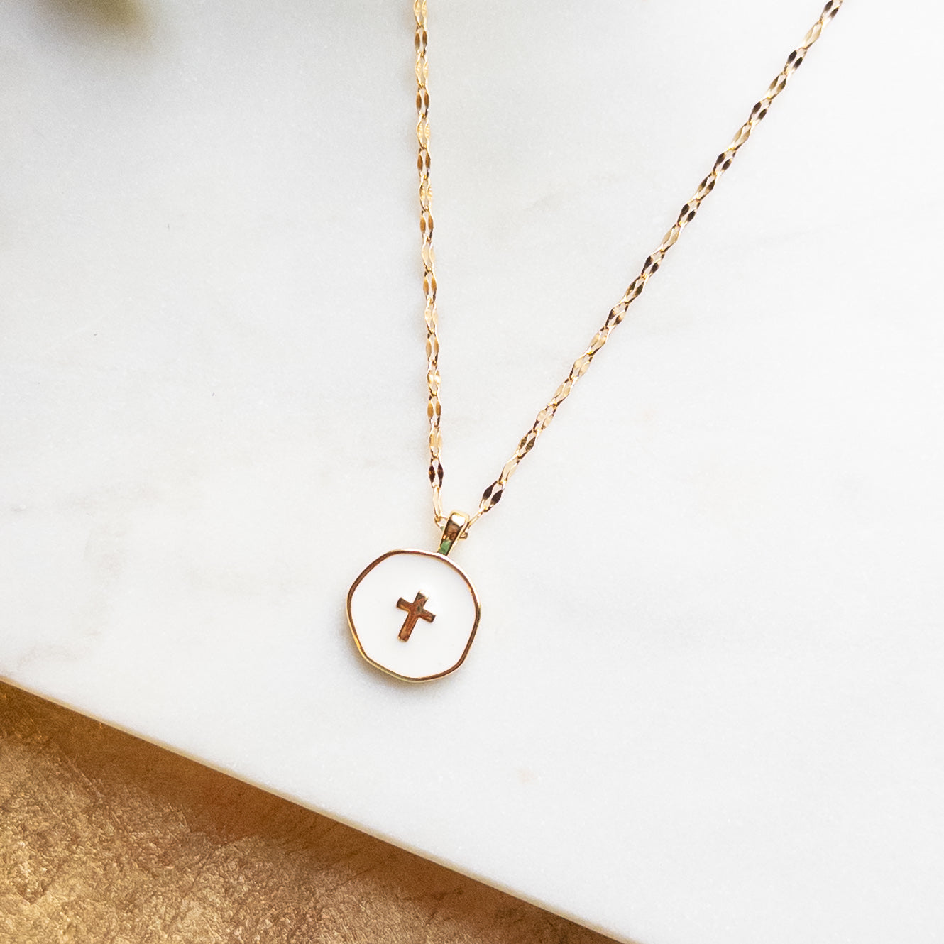 18k Gold Plated White Disc Cross Necklace