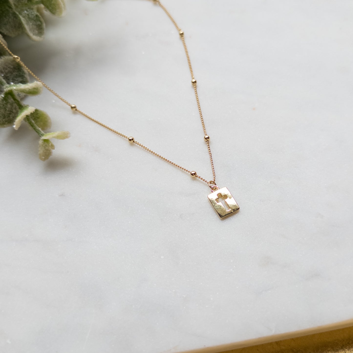 18k Gold Plated Bead Chain w/Open Square Cross Charm Necklace
