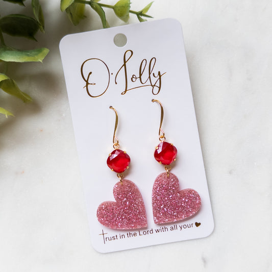 Pink Glitter Heart Earrings w/Red Stone- Valentine Style 6