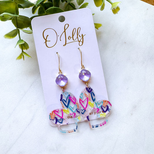 Multicolored Heart Clear Acrylic Earrings w/Purple Stone (SALE)