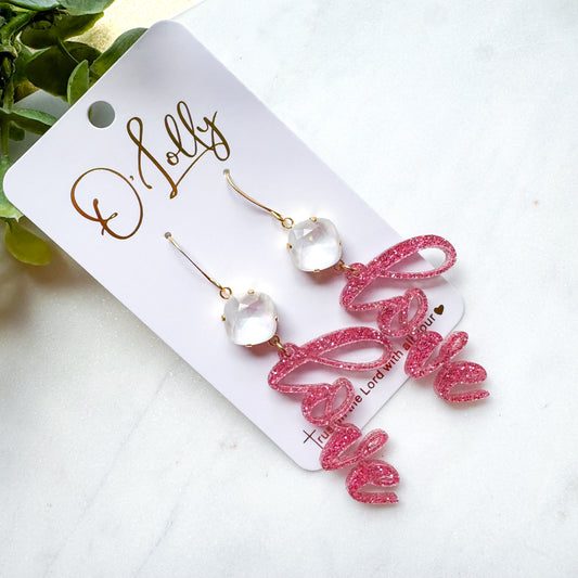 Pink Glitter “love” Earrings w/White Stone - Valentine Style 8