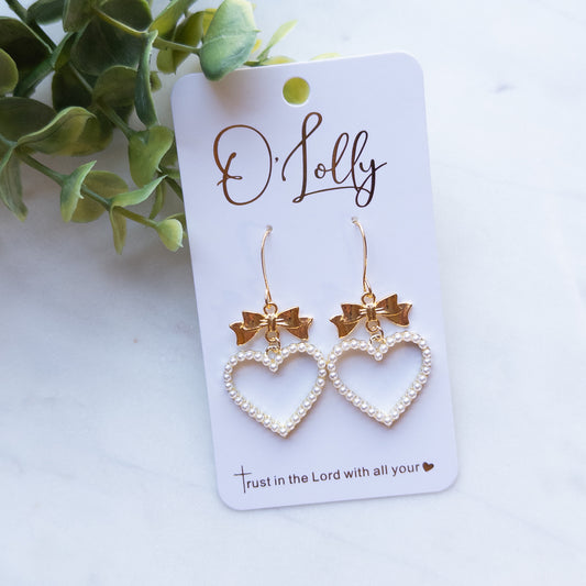 Gold Bow w/Heart Shaped Pearl Dangle Earrings - Valentine Style 13