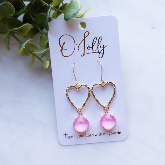 Gold Textured Heart w/12mm Pink Stone Dangle- Valentine Style 12
