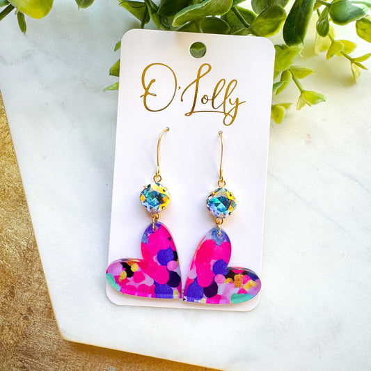 Multicolored Acrylic Heart Earrings w/Blue AB Stone - Valentine Style 15