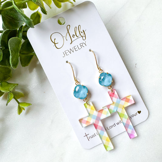 O’Lolly Easter Earrings - Blue Stone w/Pastel Plaid Acrylic Cross