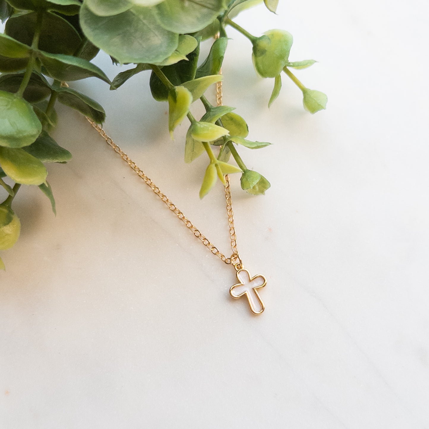 Pearl White Cross Gold Necklace
