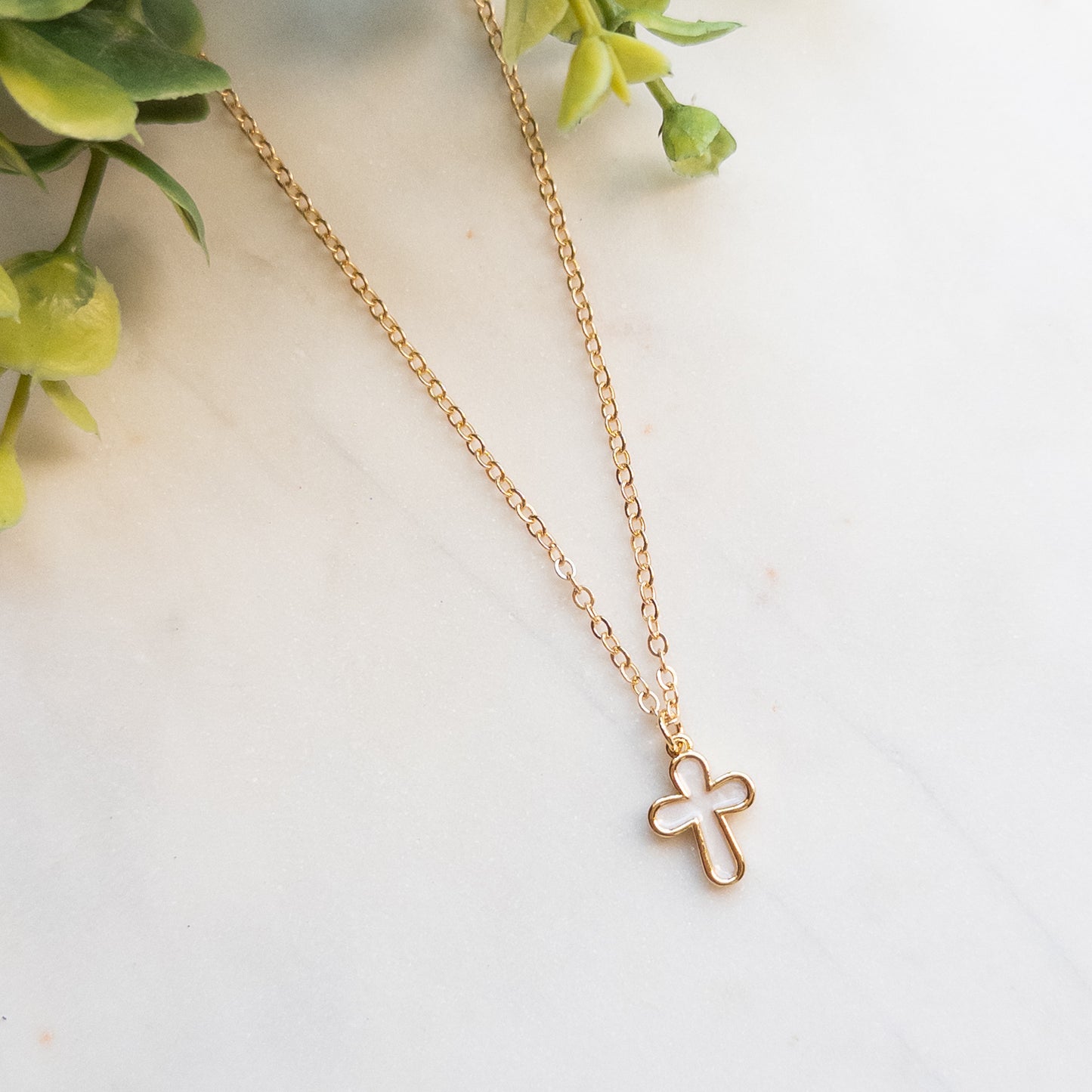 Pearl White Cross Gold Necklace