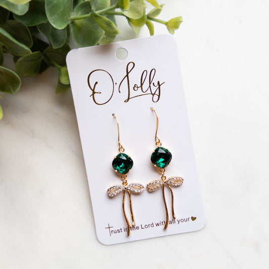 Emerald Green Stone w/CZ Gold Bow Dangle Earrings - “Emmy”
