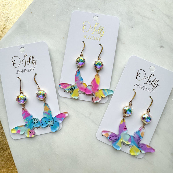 O’Lolly “Flutter” Earrings - AB Stone w/Multicolored Butterfly Acrylic Dangle