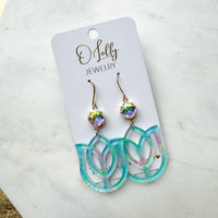 O’Lolly “Tulip” Earrings- AB Stone w/Turquoise & Pink Tulip Acrylic Dangle