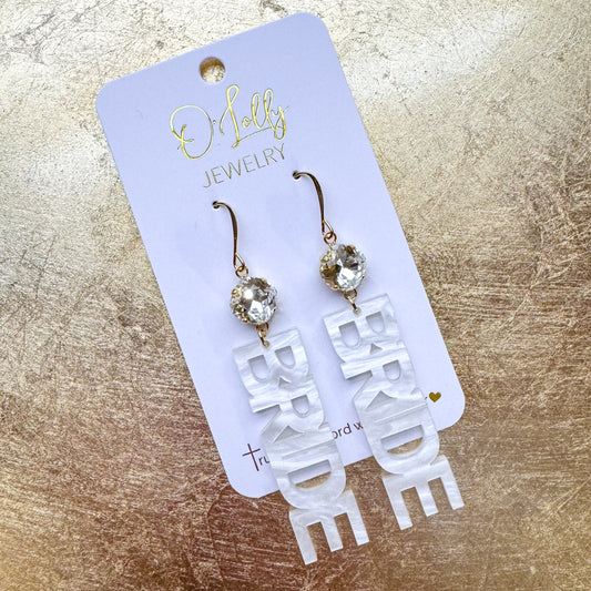 O’Lolly “Bride” Earrings - Clear stone w/Acrylic Pearl White Bride Dangle