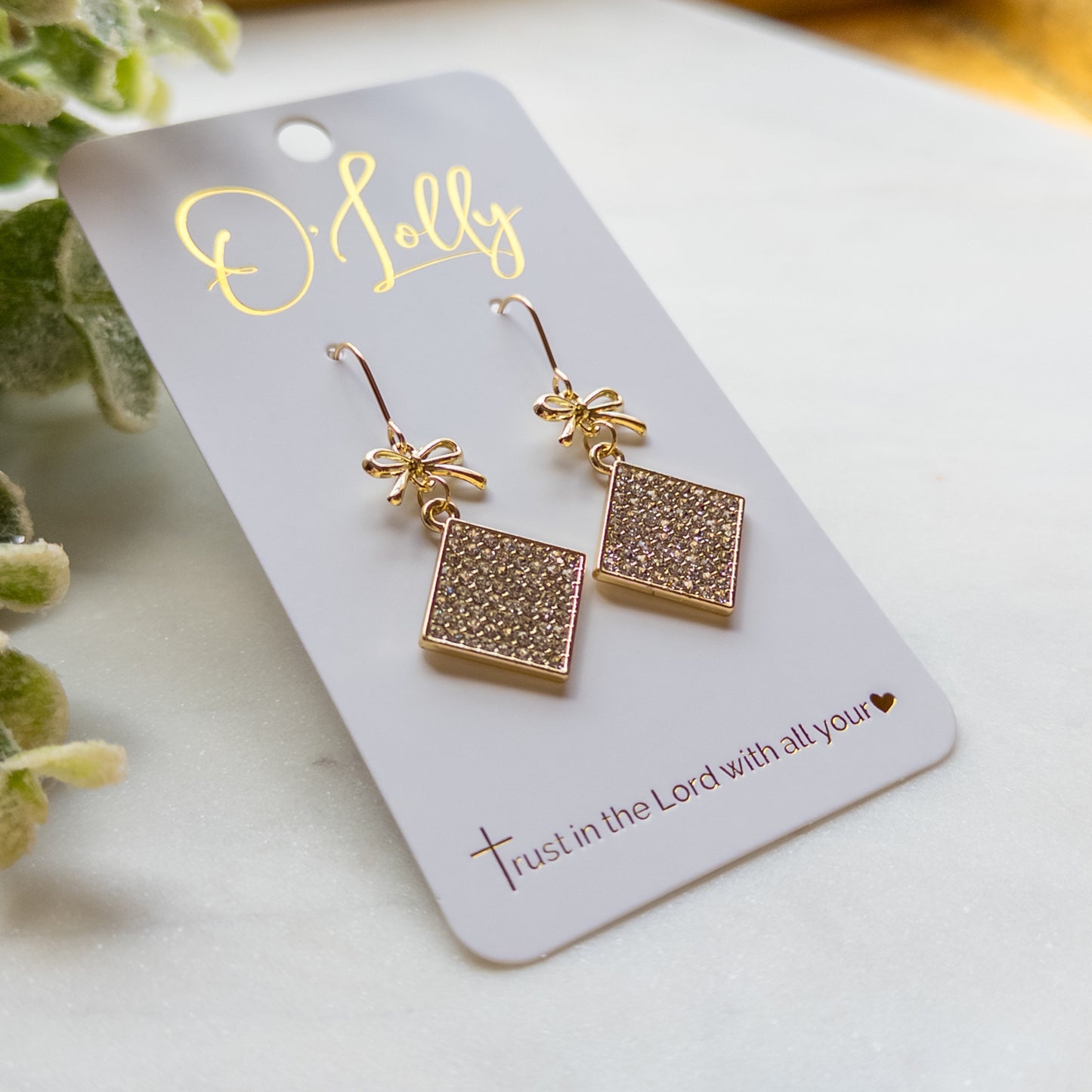 Gold Bow w/Rhinestone Square Dangle Earrings- “Mindi”
