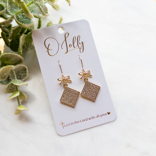 Gold Bow w/Rhinestone Square Dangle Earrings- “Mindi”