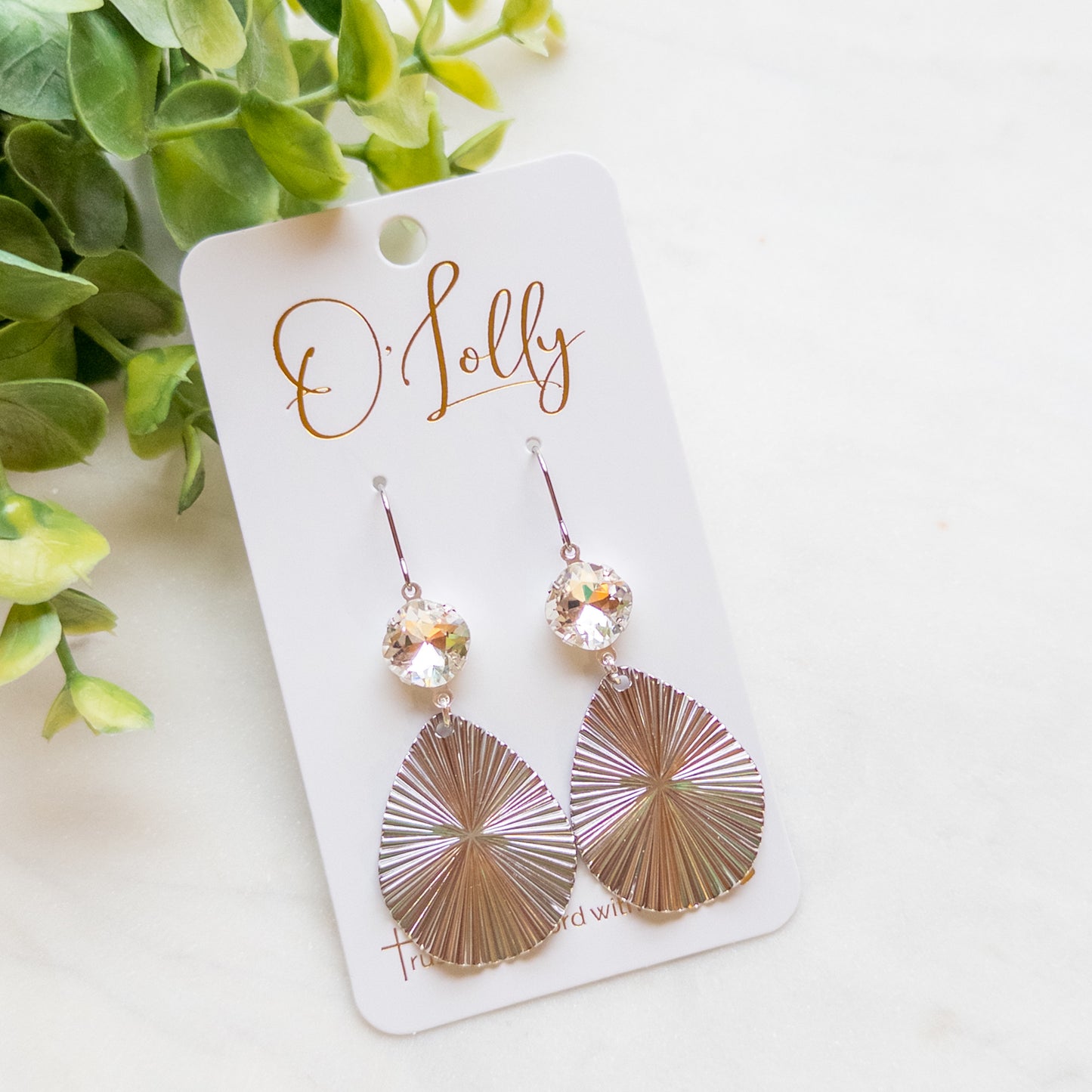 Clear Stone w/Gold Textured Teardrop Earrings “Kaylee”