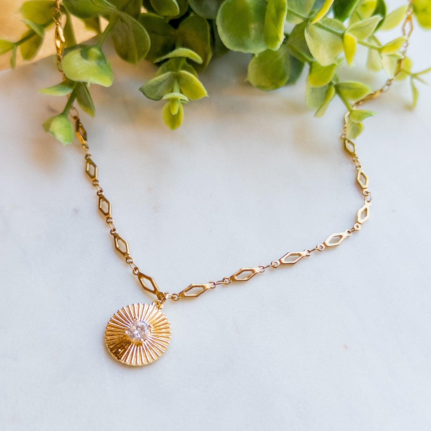 Gold Plated Rhombus Shaped Chain w/Gold Disc Pendant with Cubic Zirconia