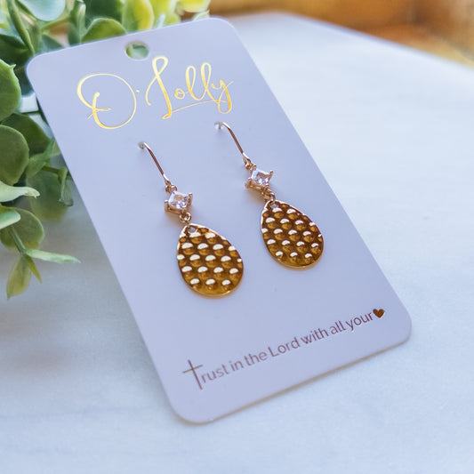 Gold Textured Teardrop w/Cubic Zirconia- “Tess”