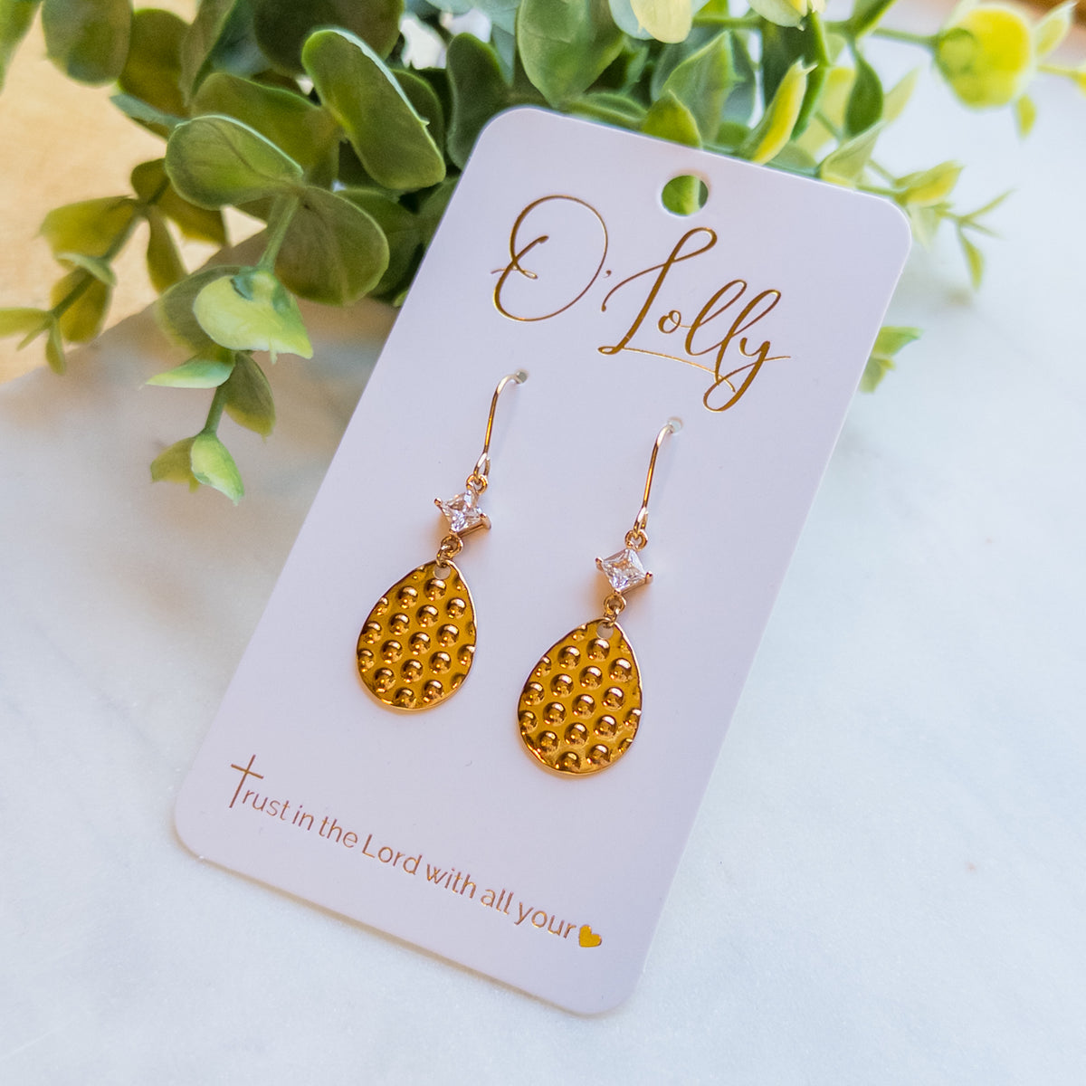 Gold Textured Teardrop w/Cubic Zirconia- “Tess”