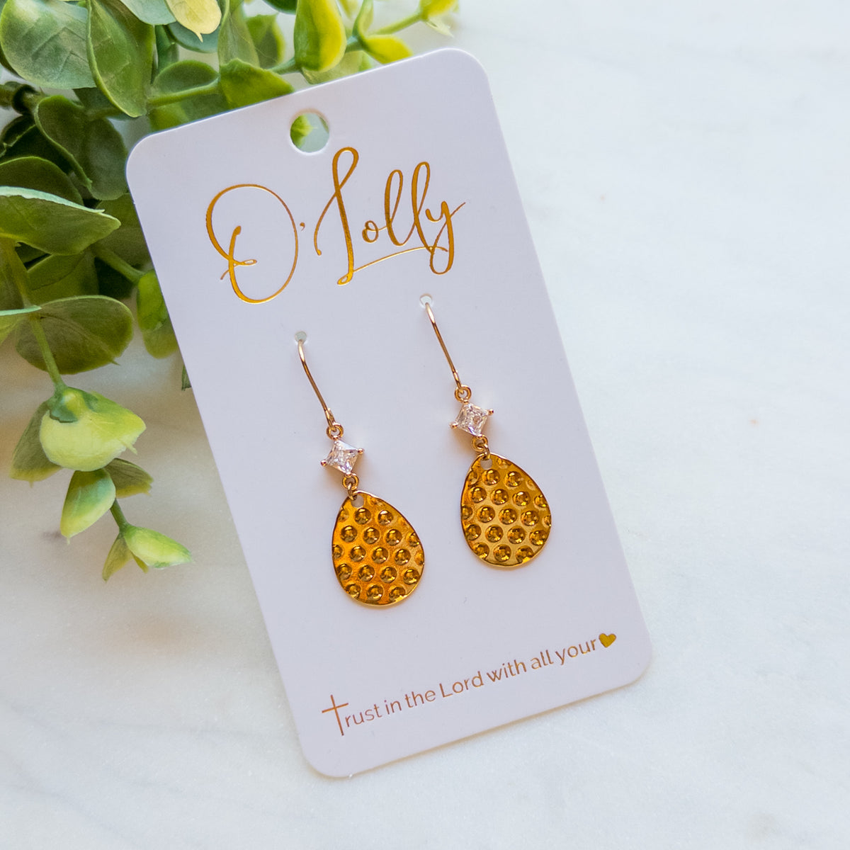 Gold Textured Teardrop w/Cubic Zirconia- “Tess”