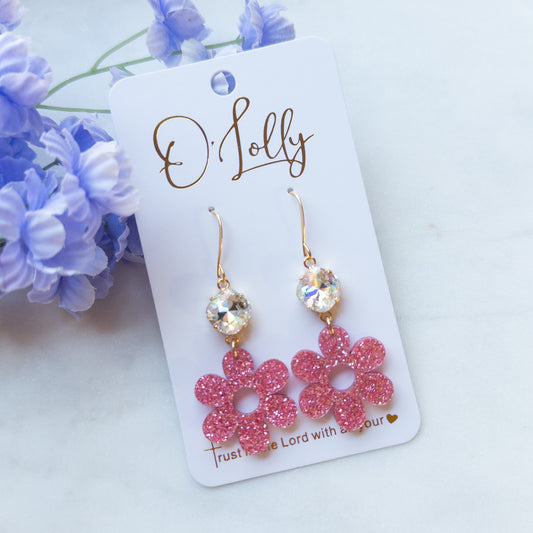 Pink Glitter Acrylic Flower Earrings w/Clear AB Stone - “Daisy”