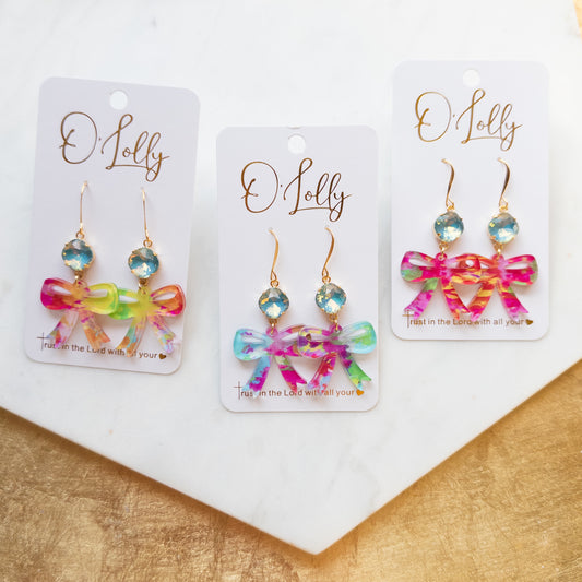 Multicolored Acrylic Bow w/Teal Stone - “Rainey”