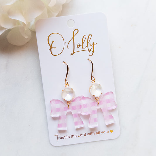 Ping Gingham Acrylic Bow Earrings w/White Stone - “Claire”