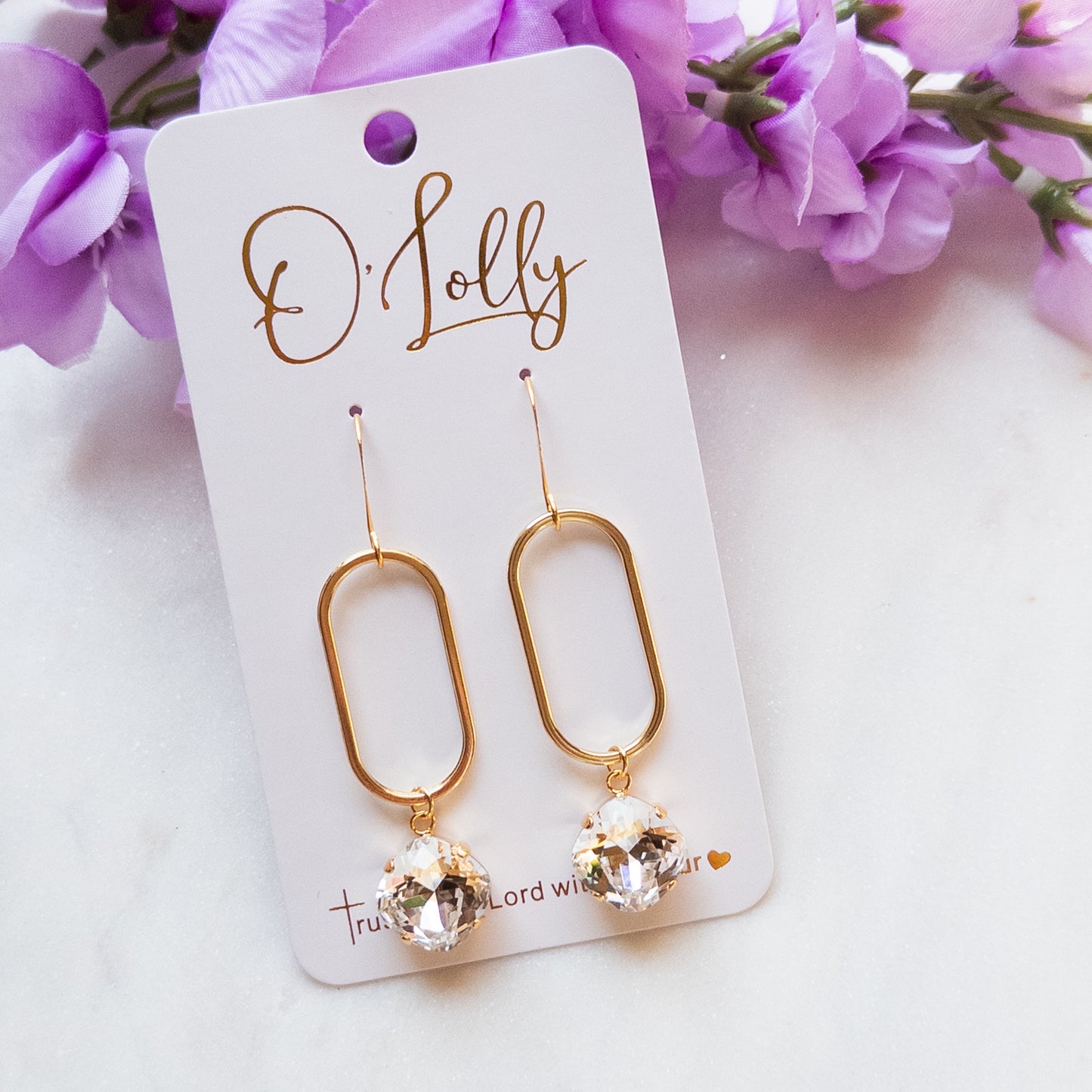 Gold Open Oval w/Clear Stone Dangle - “Leigh”
