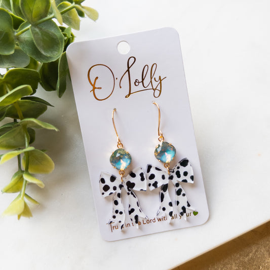 Dalmatian Black and White Acrylic Bow w/Teal Stone- Dally