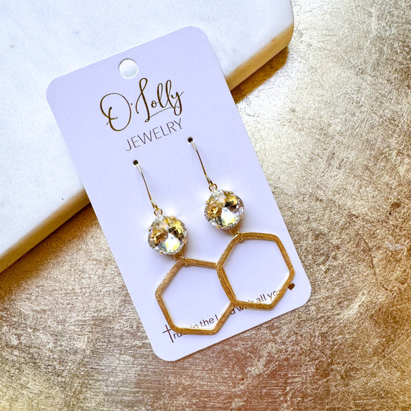 O’Lolly “Jules” Earrings- Clear Stone w/Open Gold Hexagon