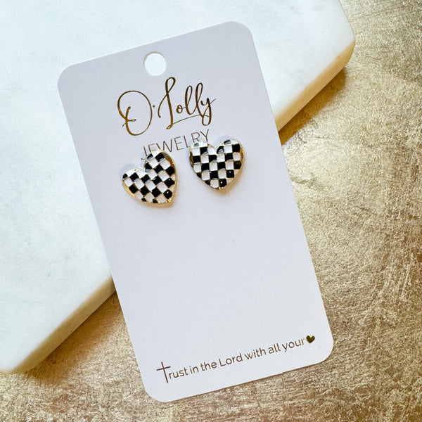 O’Lolly “Kenzi” Earrings- Black & White Checkered Heart Studs
