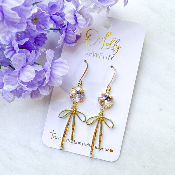 O’Lolly “Blakely” Earrings- Clear Stone w/Gold Bow Dangle