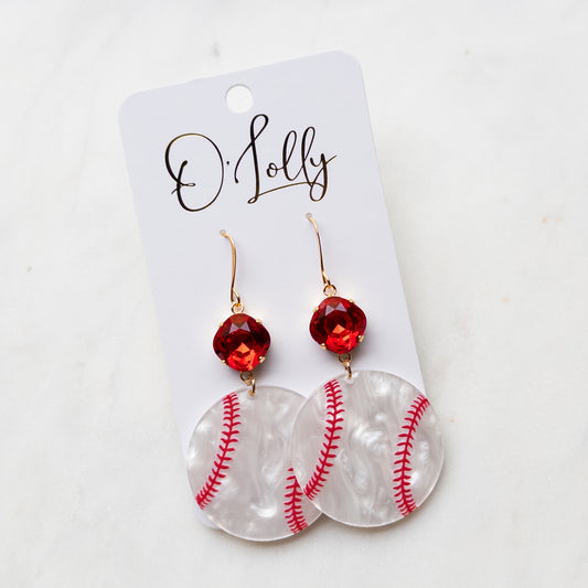 Statement Acrylic Baseball Earrings w/Red Stone
