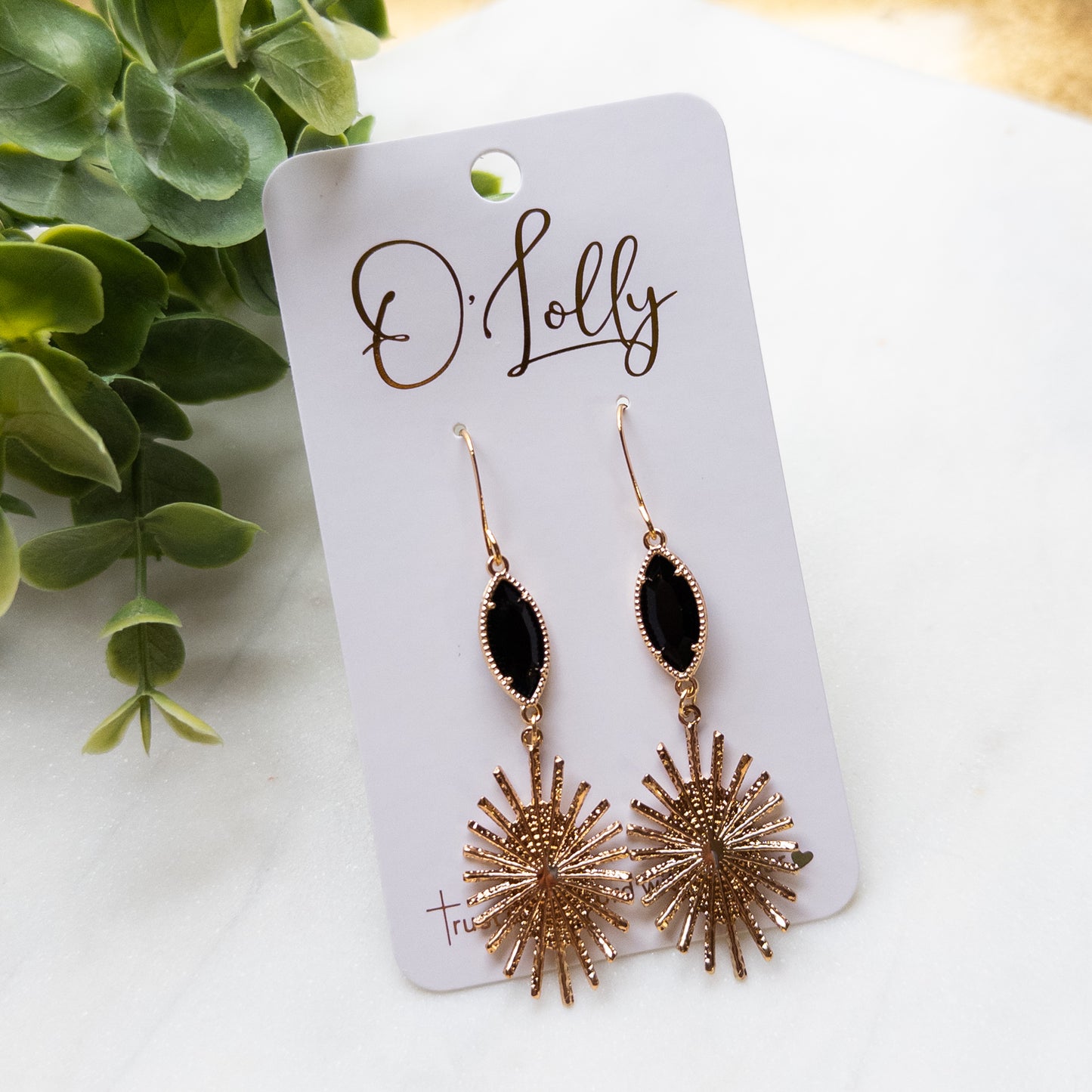 Black Leaf w/Gold Burst Dangle Earrings- “Raven”