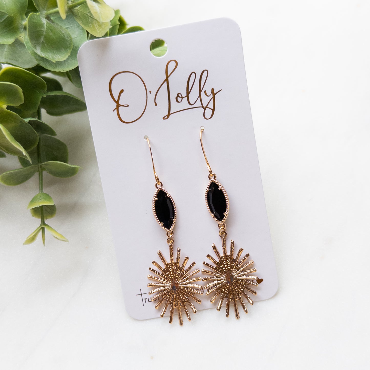 Black Leaf w/Gold Burst Dangle Earrings- “Raven”