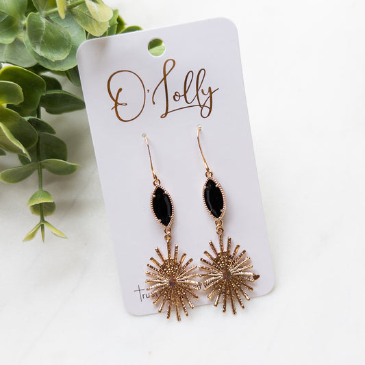 Black Leaf w/Gold Burst Dangle Earrings- “Raven”