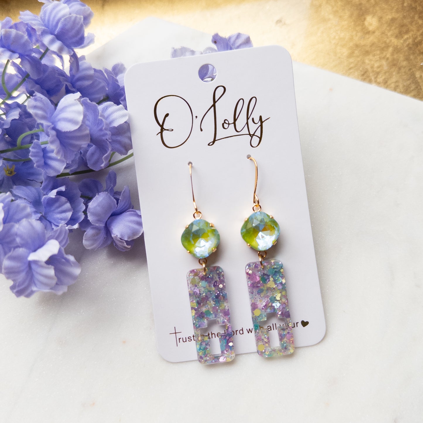 Green Stone w/Glitter Open Cross Rectangle Earrings- “April”