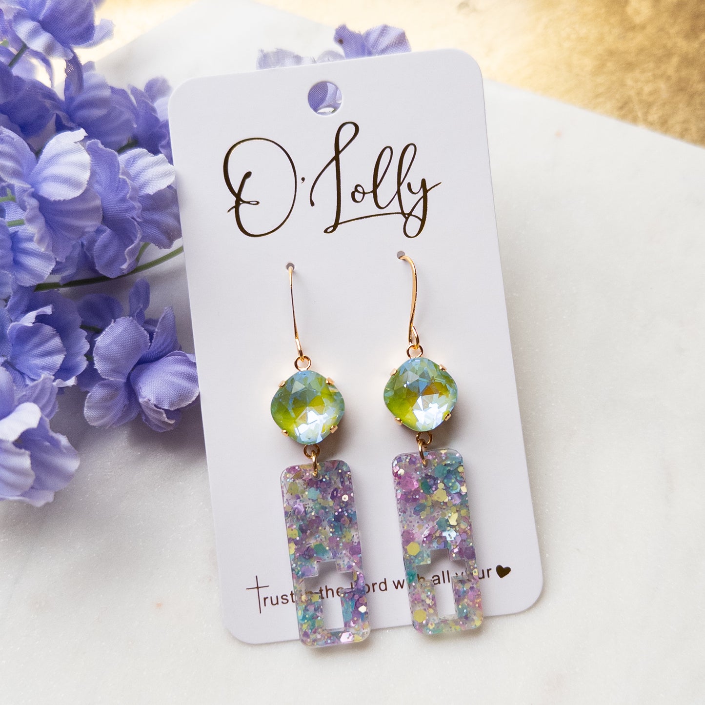 Green Stone w/Glitter Open Cross Rectangle Earrings- “April”