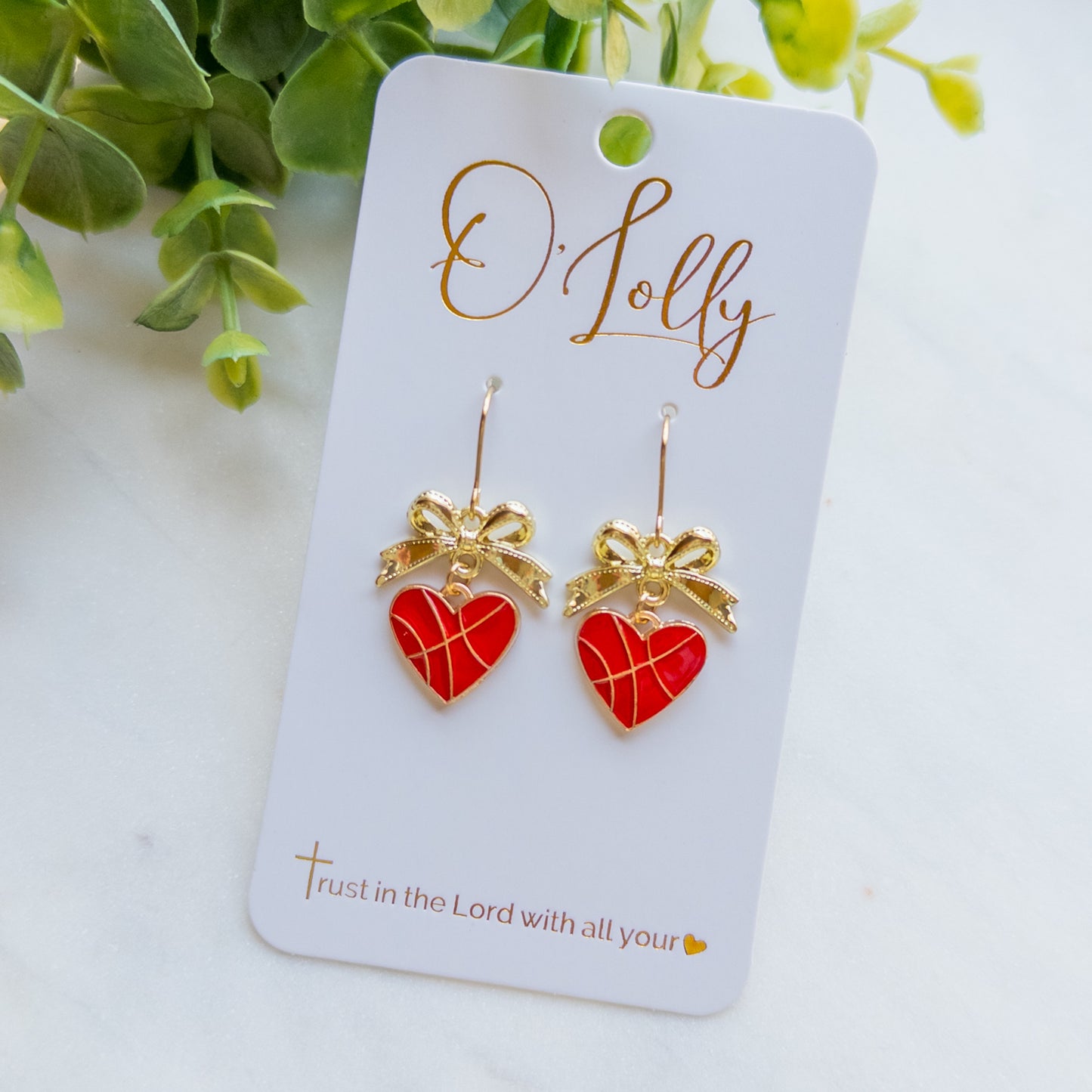 Basketball Heart Dangle Earrings w/Gold Bow