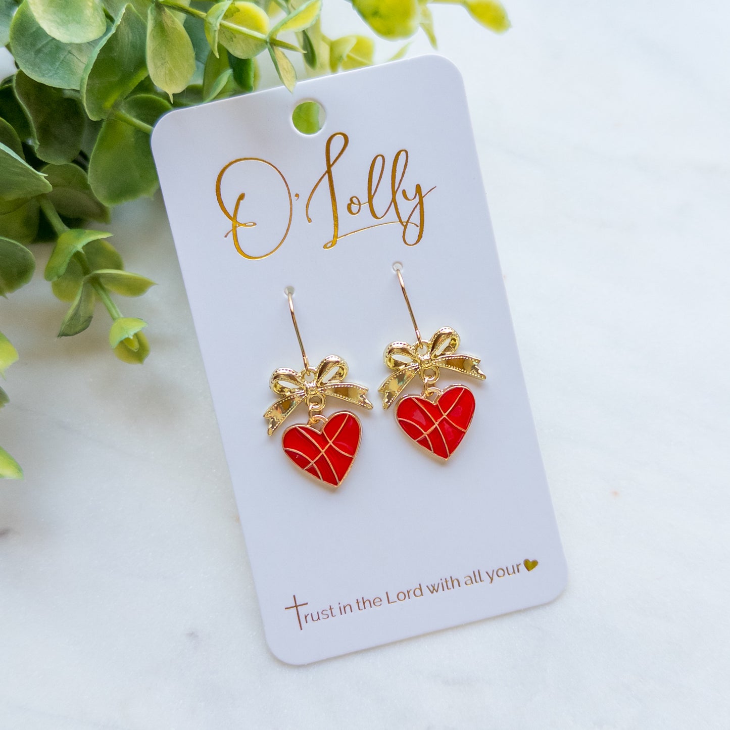 Basketball Heart Dangle Earrings w/Gold Bow