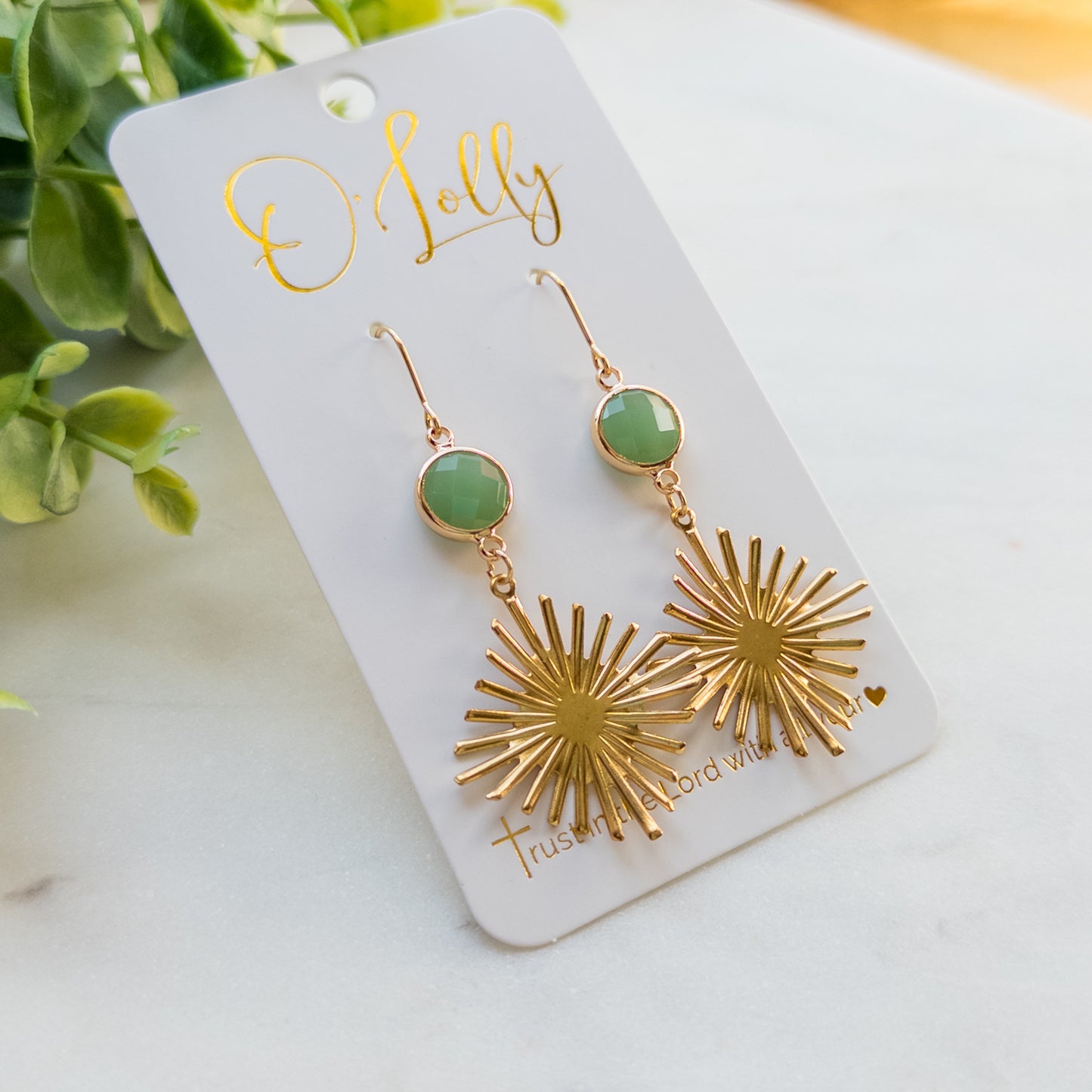 DEAL- Green Connector w/Gold Burst Dangle Earrings