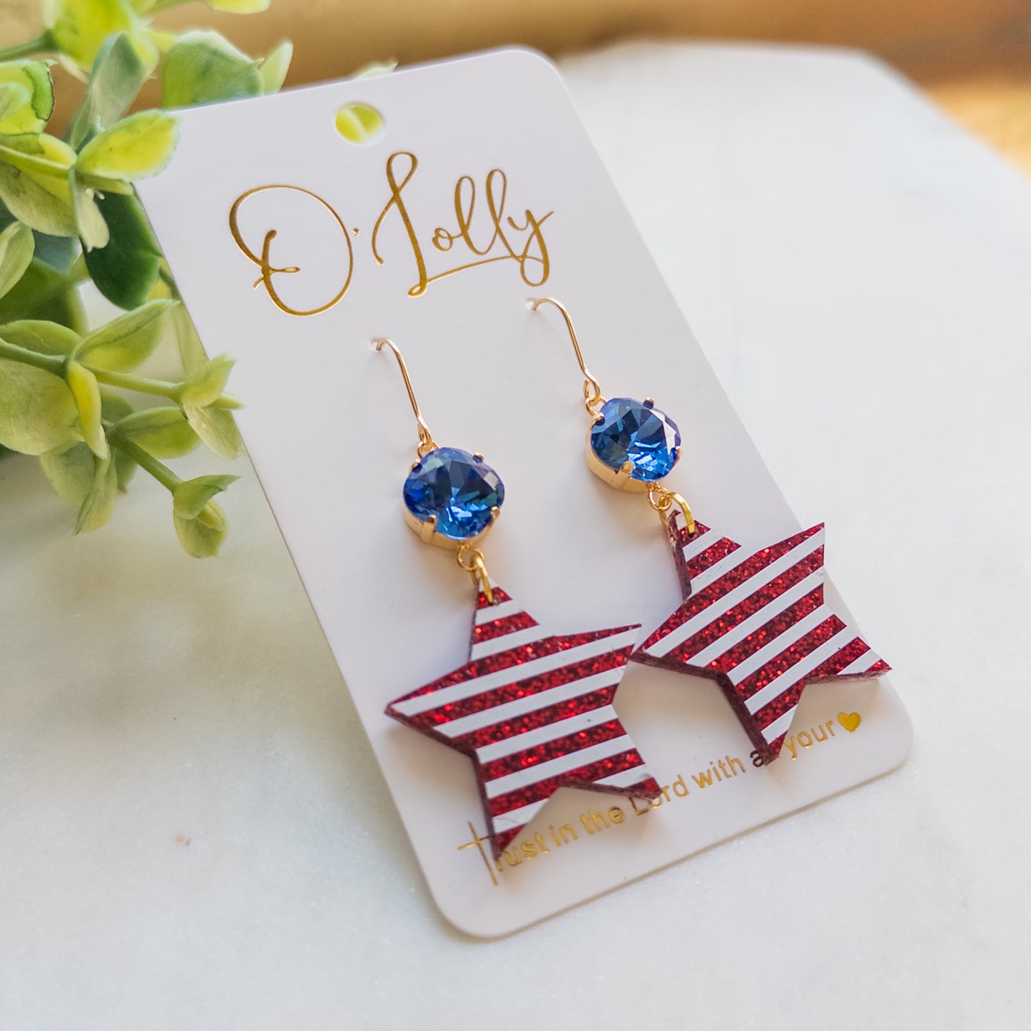 Blue Stone w/Red & White Glitter Acrylic Star