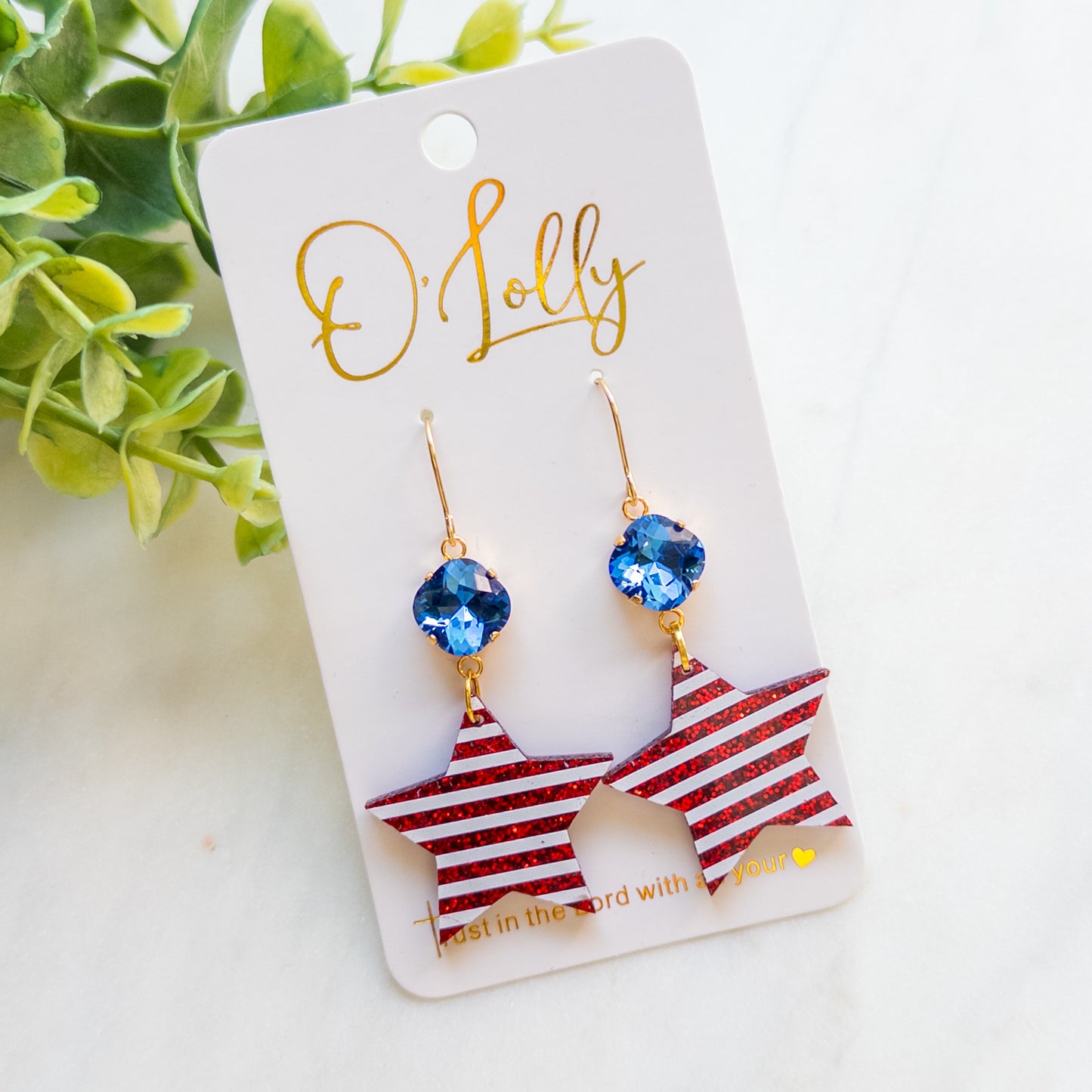 Blue Stone w/Red & White Glitter Acrylic Star