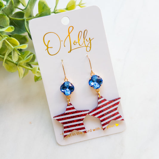 Blue Stone w/Red & White Glitter Acrylic Star