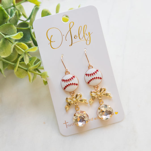 Baseball, Gold Bow & Clear Stone Dangle Earrings