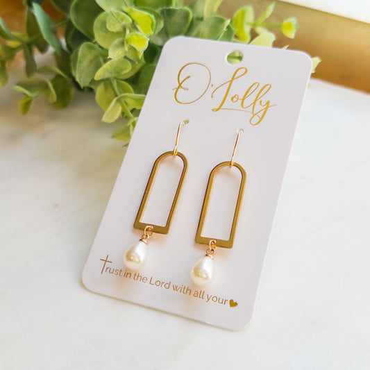 Gold Open Shaped Earrings w/Pearl Teardrop Dangle “London”
