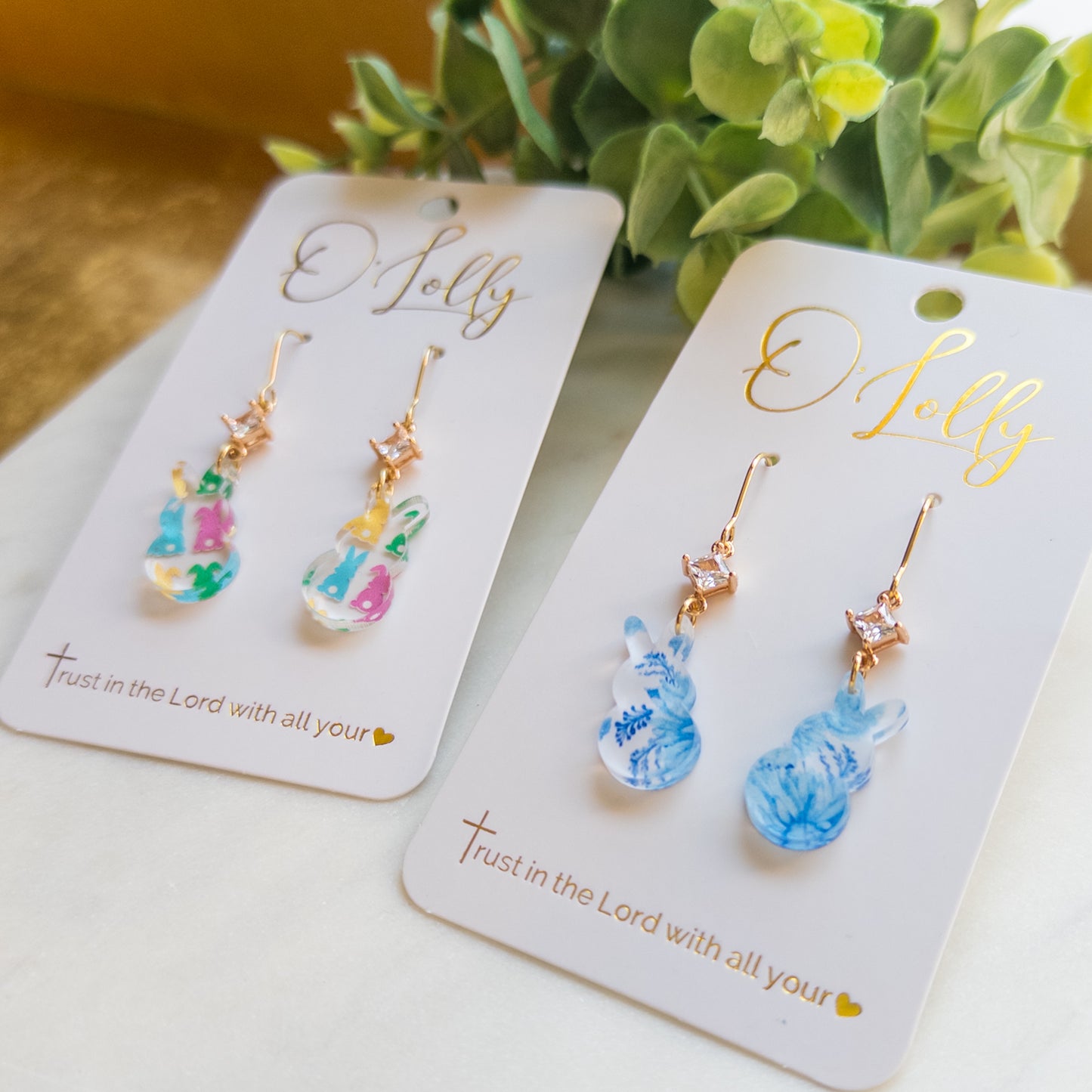 Dainty Acrylic Bunny Dangle Earrings w/CZ Connector- Easter 8