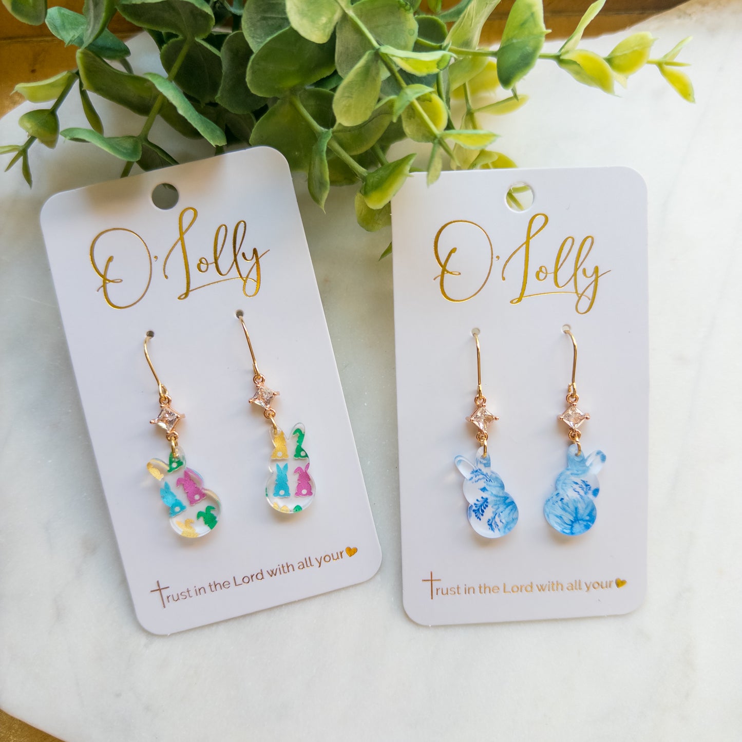 Dainty Acrylic Bunny Dangle Earrings w/CZ Connector- Easter 8