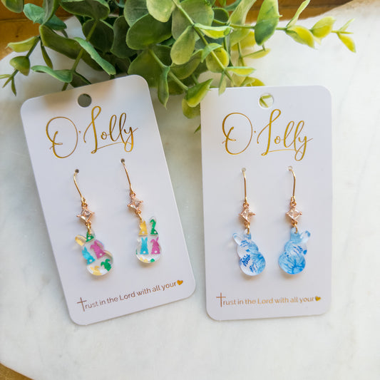 Dainty Acrylic Bunny Dangle Earrings w/CZ Connector- Easter 8